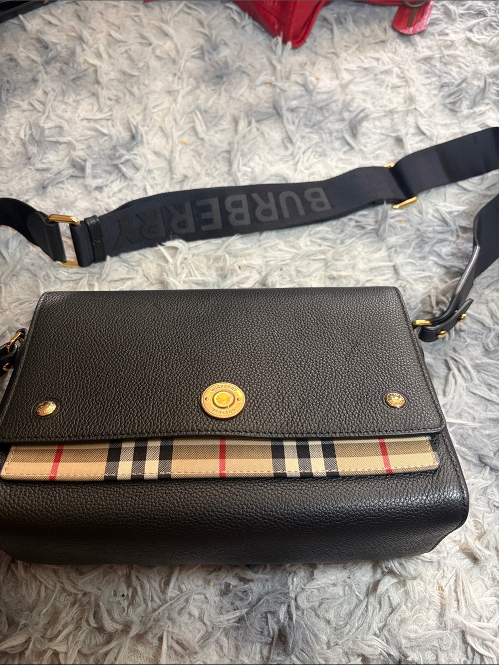 Burberry Black Leather Messenger Bag with Vintage Check Accent